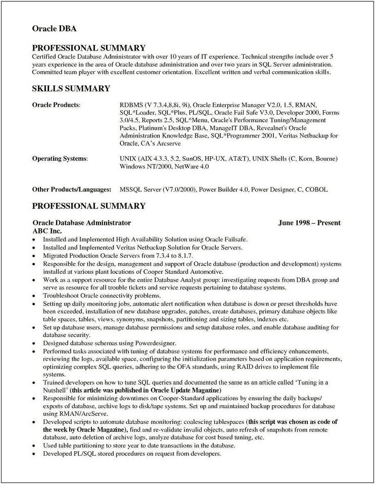Oracle Dba Sample Resume For 2 Years Experience