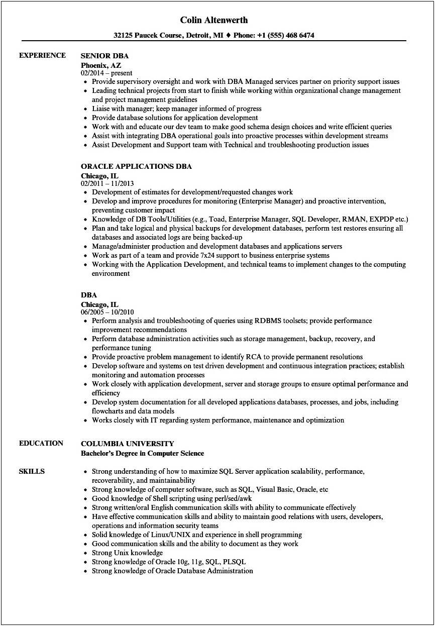 Oracle Dba Sample Resume For 3 Years Experience