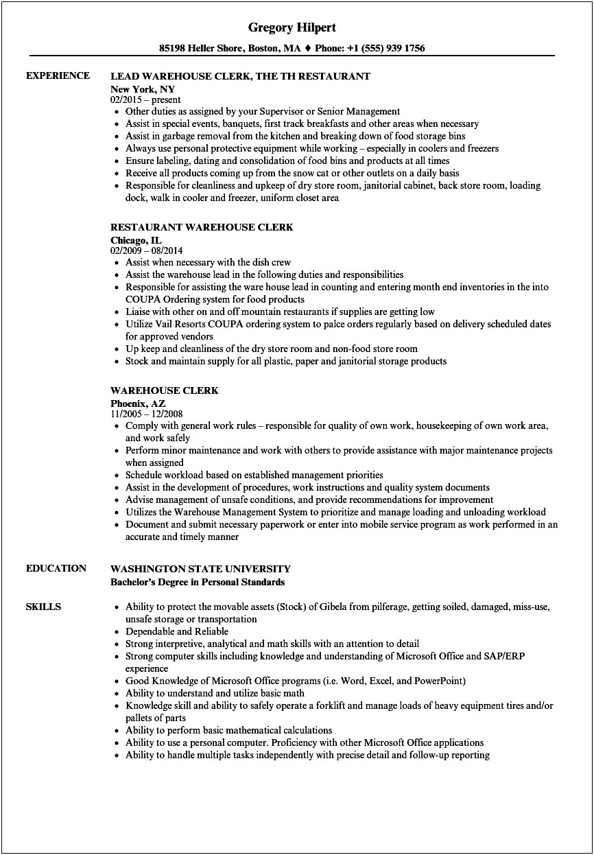Order Selector Job Description For Resume