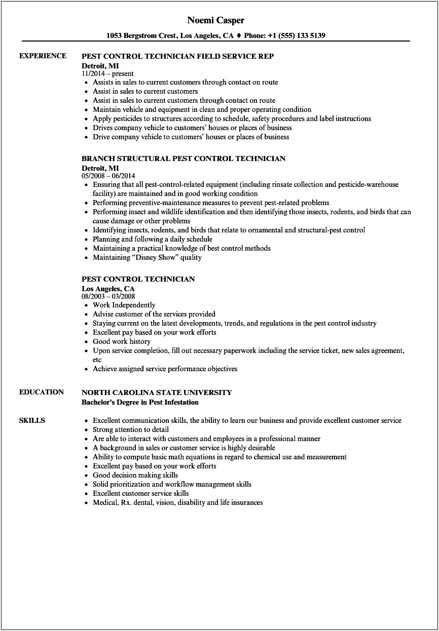 Orkin Pc Route Manager Job Resume Sample