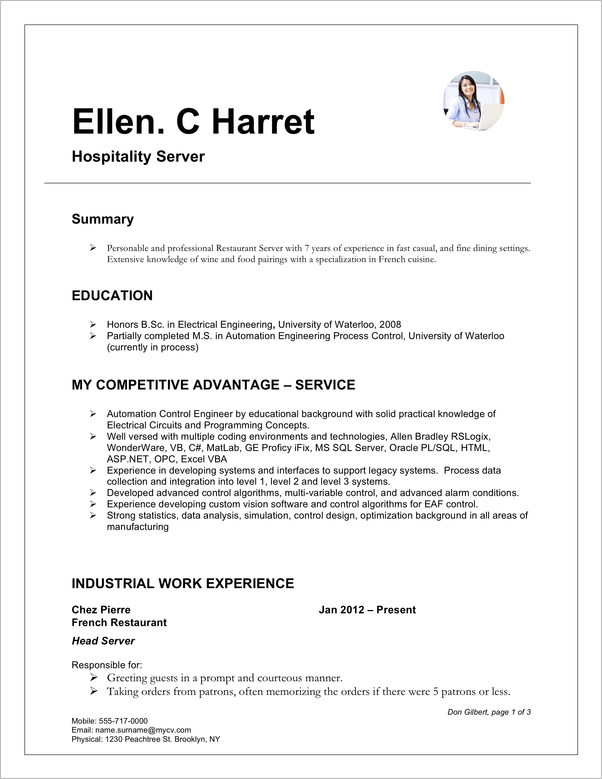 Other Words For Waitress On Resume