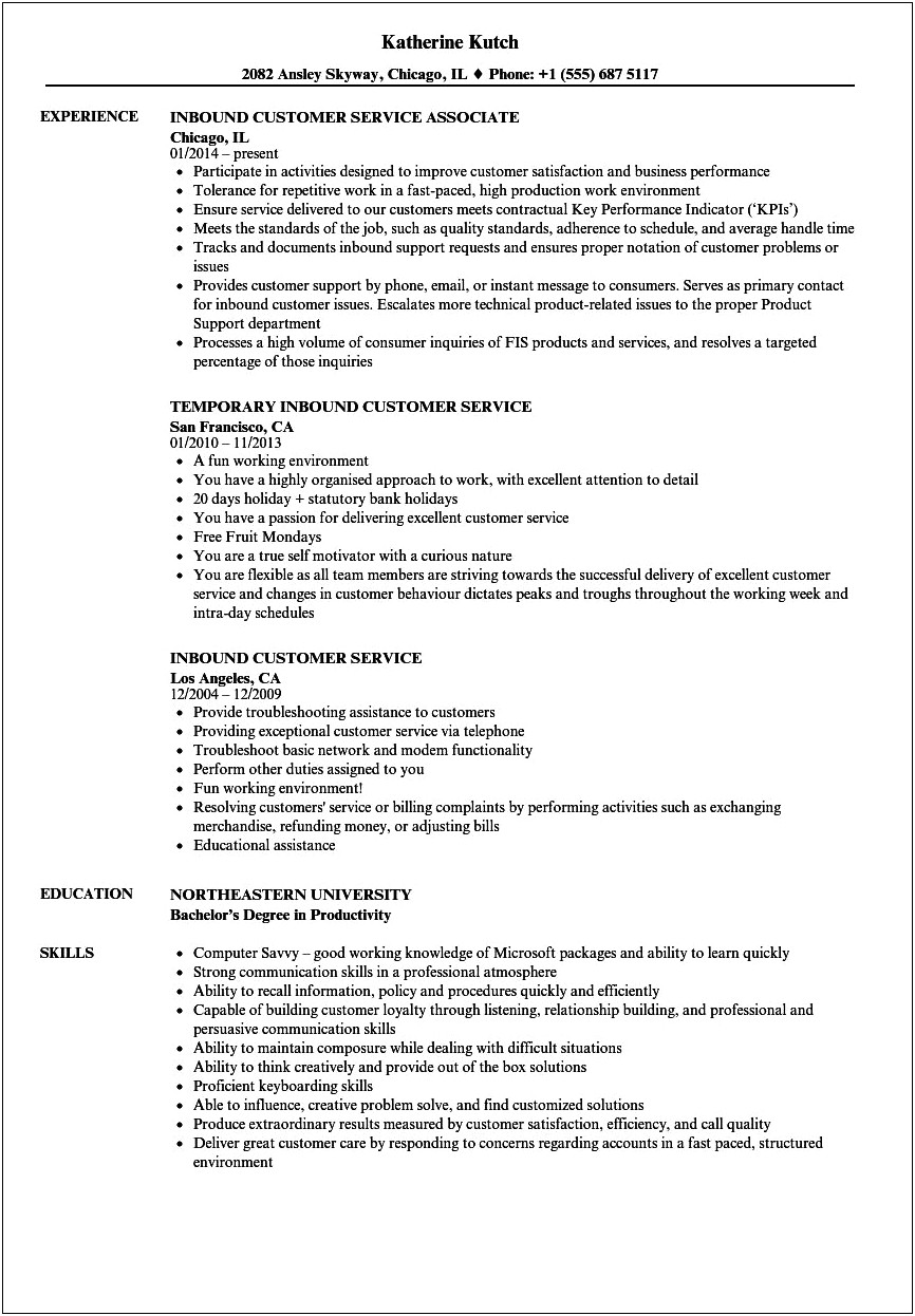 Outbound Call Center Resume Example