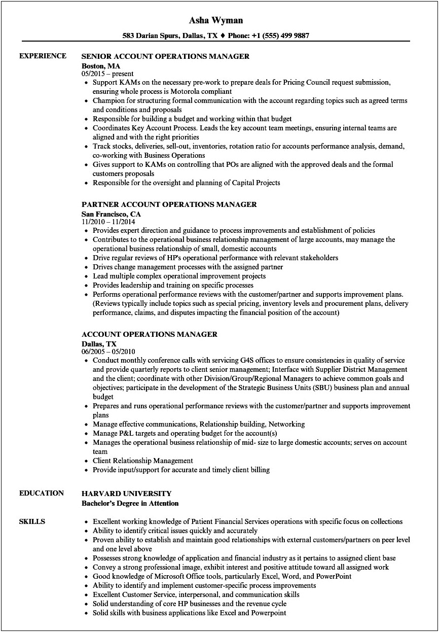 Outbound Operations Manager Resume Description