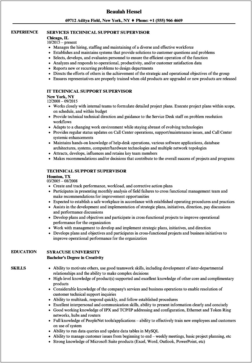 Outstanding Help Desk Supervisor Resume Summary Sample