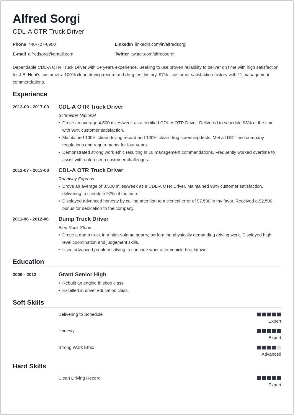 Over The Road Truck Driver Resume Example