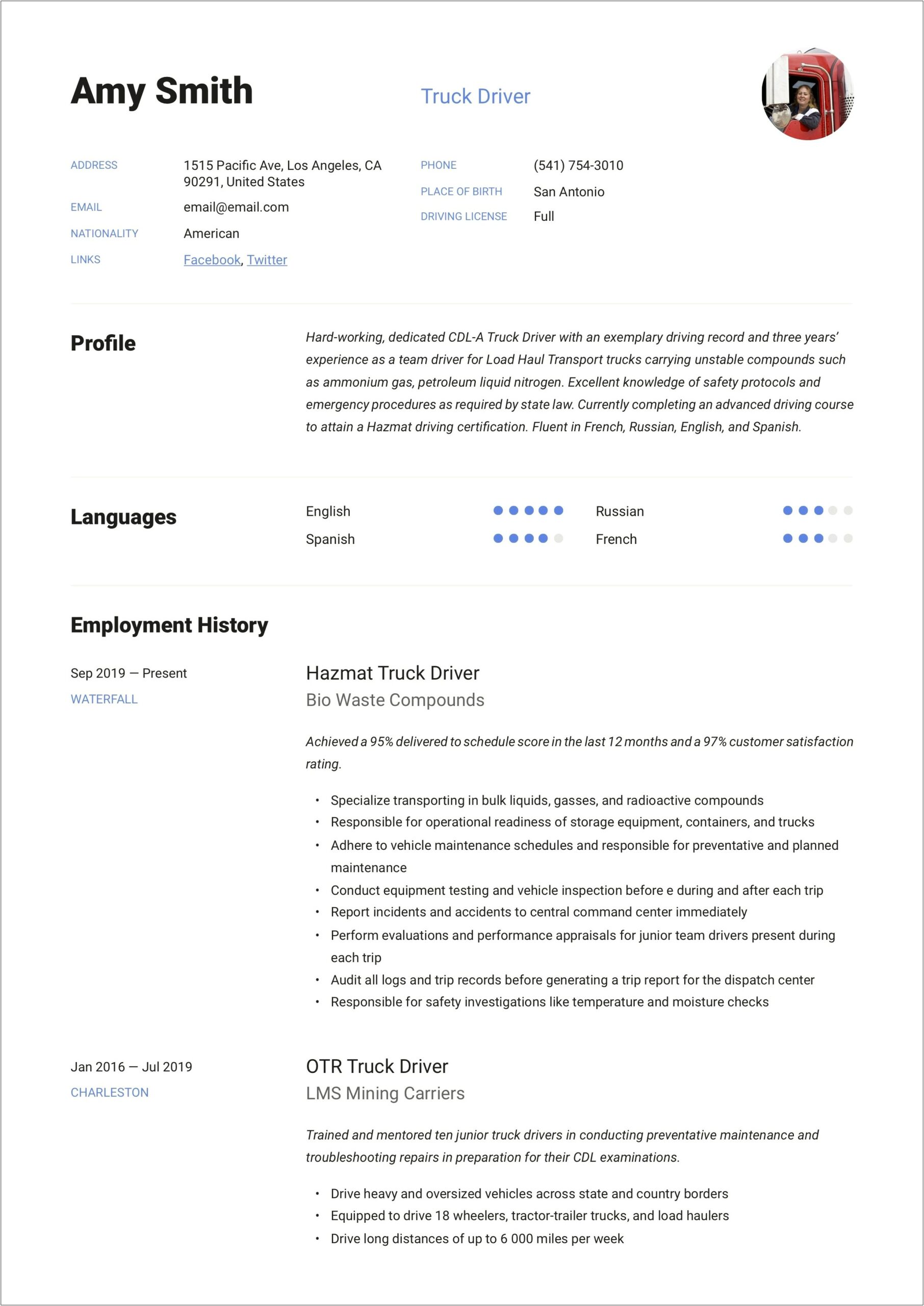 Over The Road Truck Driver Resume Sample