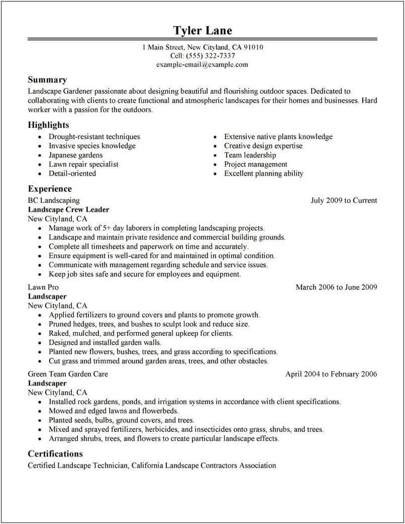 Owning Landscaping Resume Job Title Samples