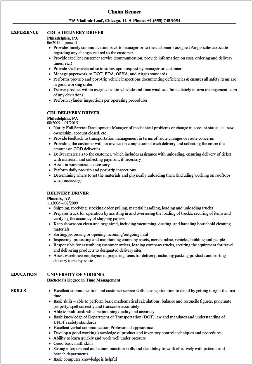 Package Delivery Driver Resume Samples