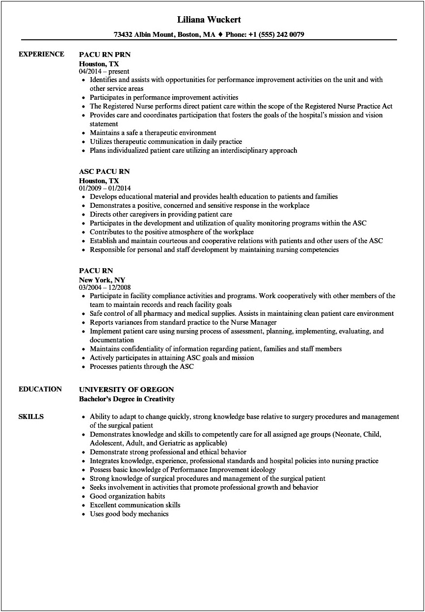 Pacu Nurse Job Description Resume