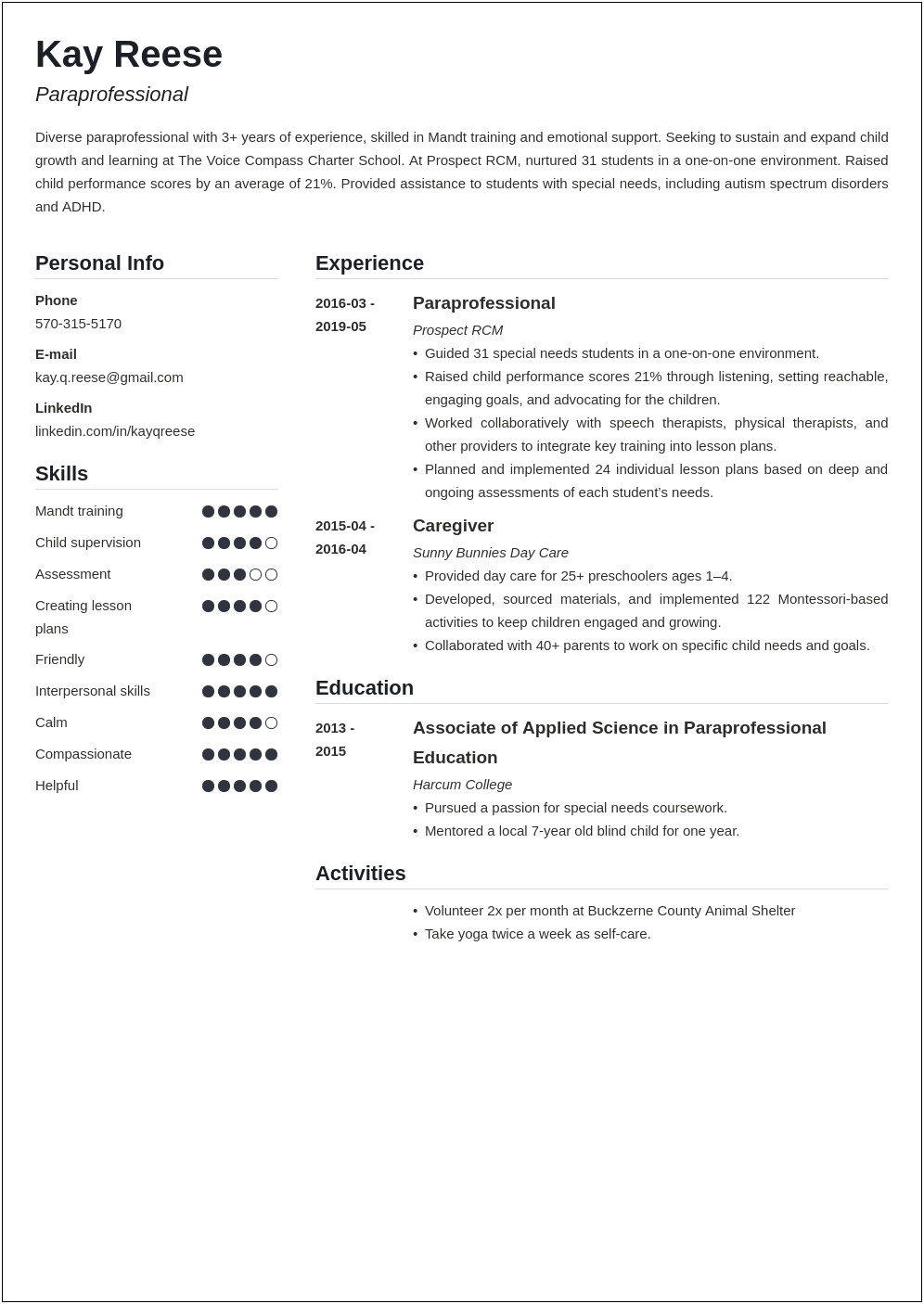 Paraeducator Job Description For Resume