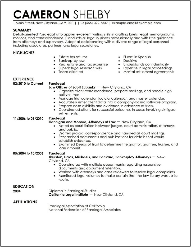 Paralegal Resume Example Will B Paralegal