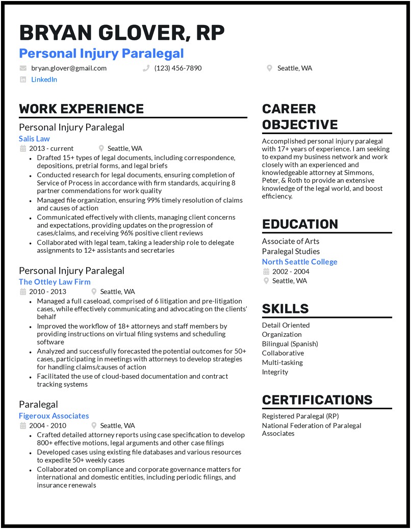 Paralegal Resume In School No Experience