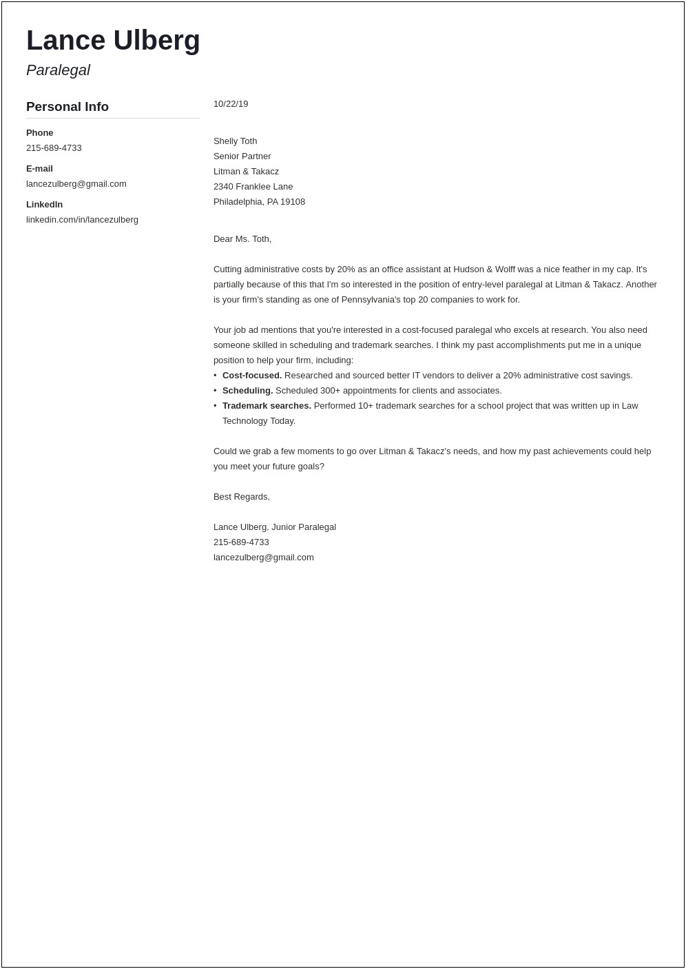Paralegal Sample Resume And Cover Letter