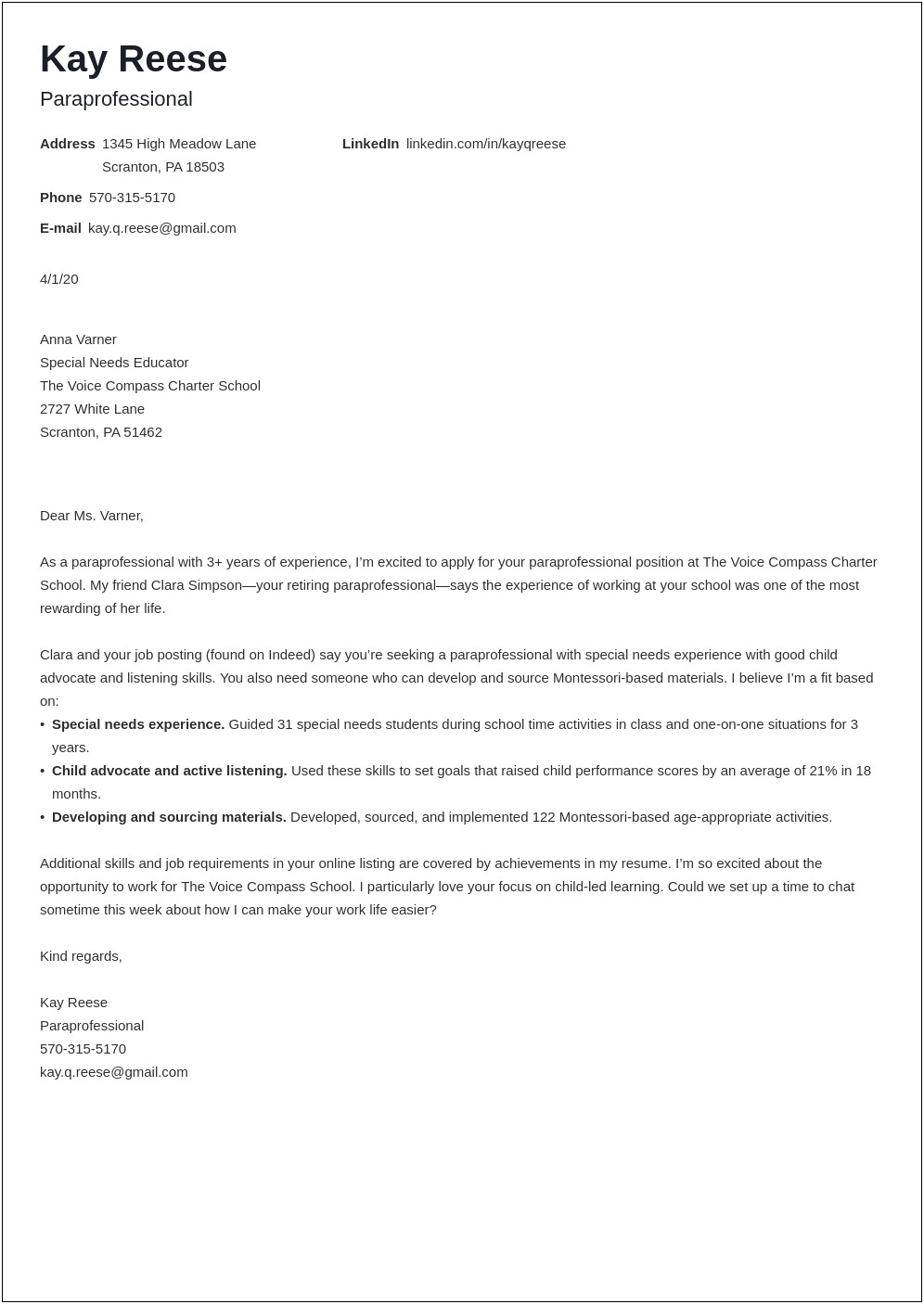Paraprofessional Resume Cover Letter Examples