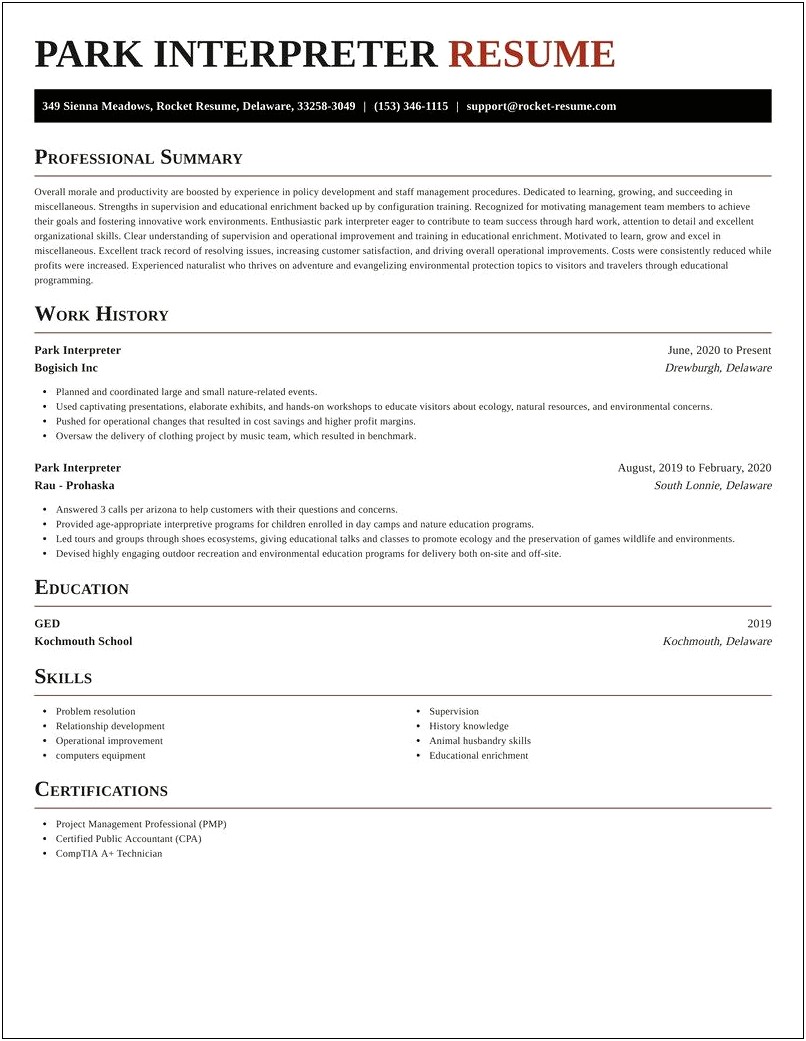 Park Interpreter Resume Cover Letter Example