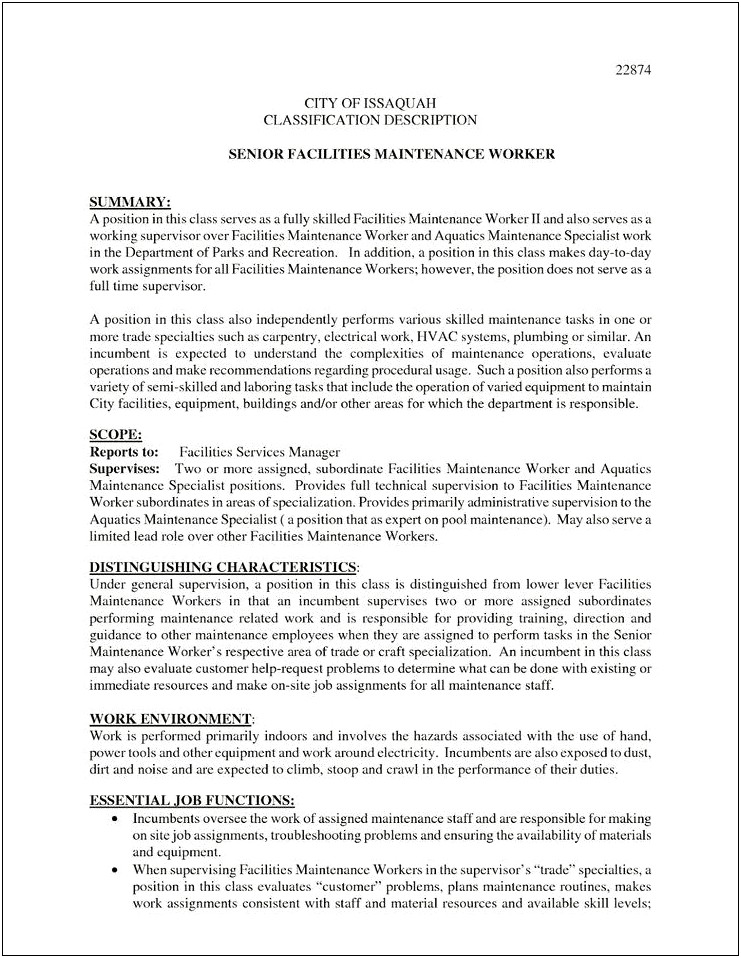 Park Maintenance Job Description Resume