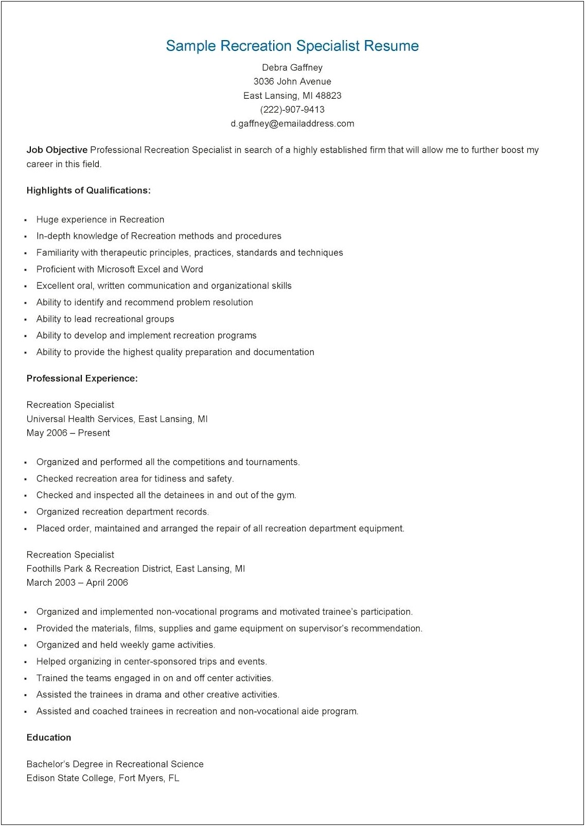Parks And Recreation Skills On Resume