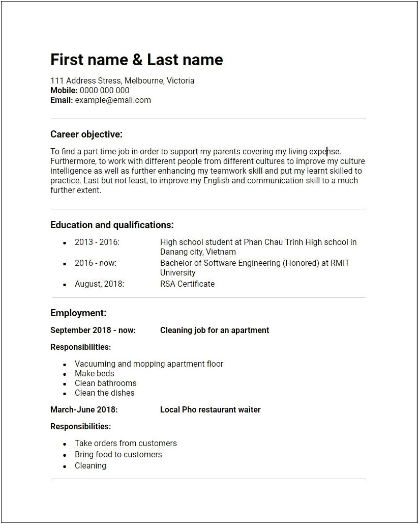 Part Time Employment Resume Objective