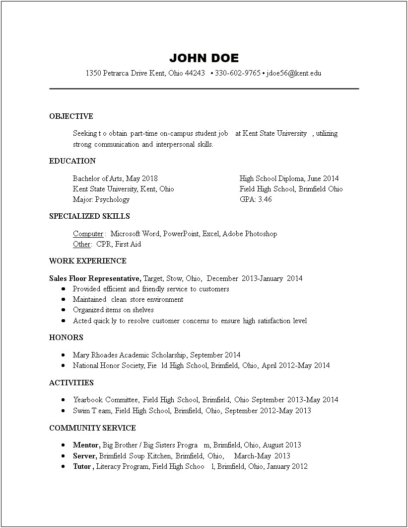 Part Time Job College Student Resume
