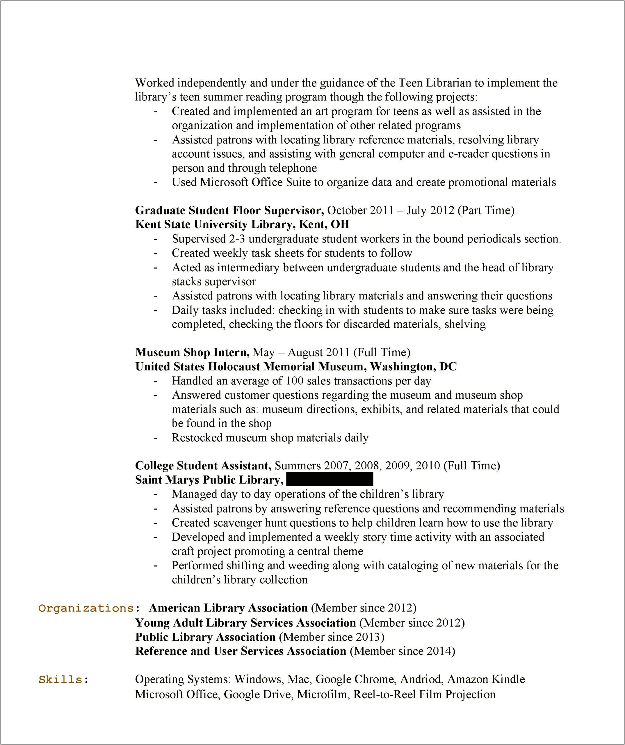 Part Time Library Jobs Resume