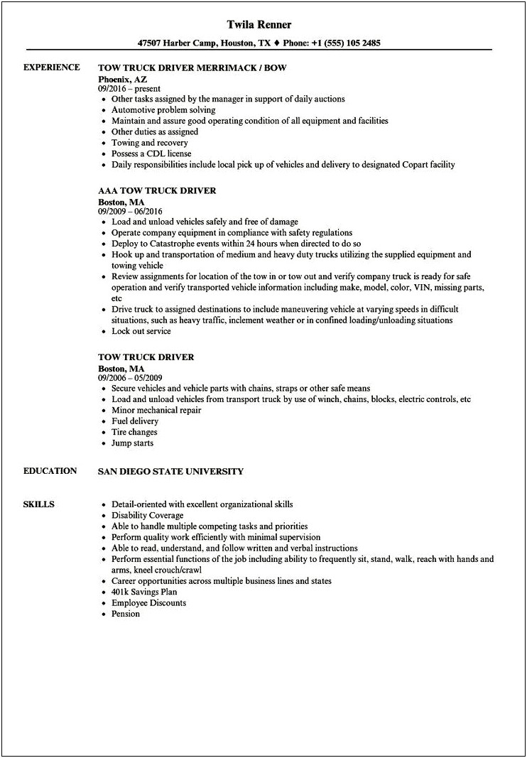 Parts Delivery Driver Resume Sample