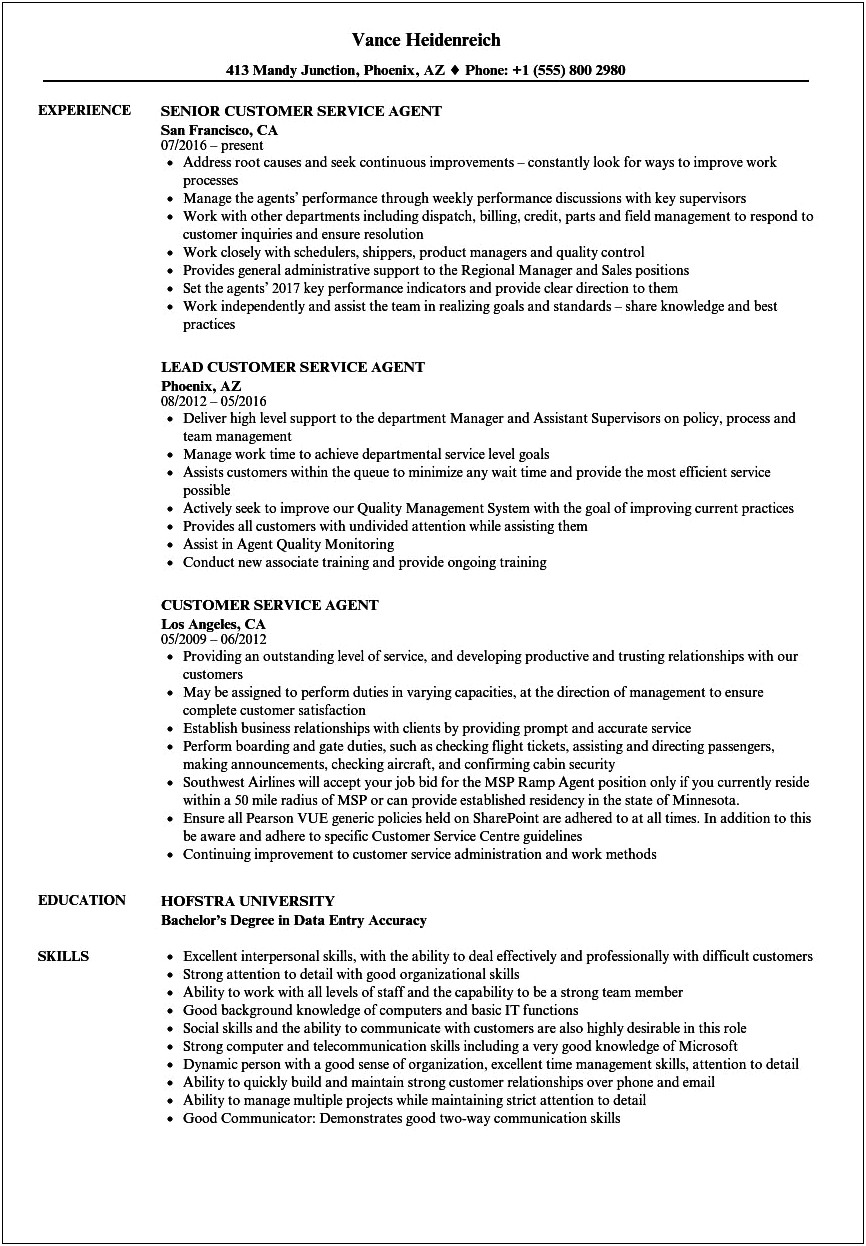 Passenger Service Agent Job Description For Resume