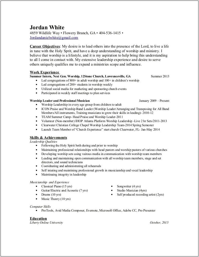 Pastoral Intern Job Description Resume