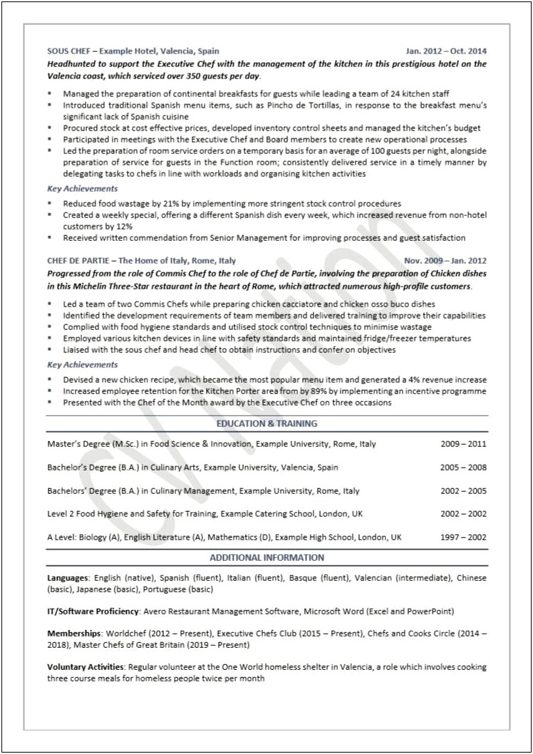 Pastry Chef Resume Objective Examples