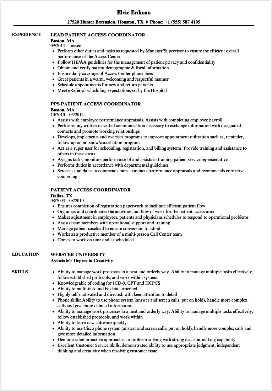 Patient Access Manager Resume Objective