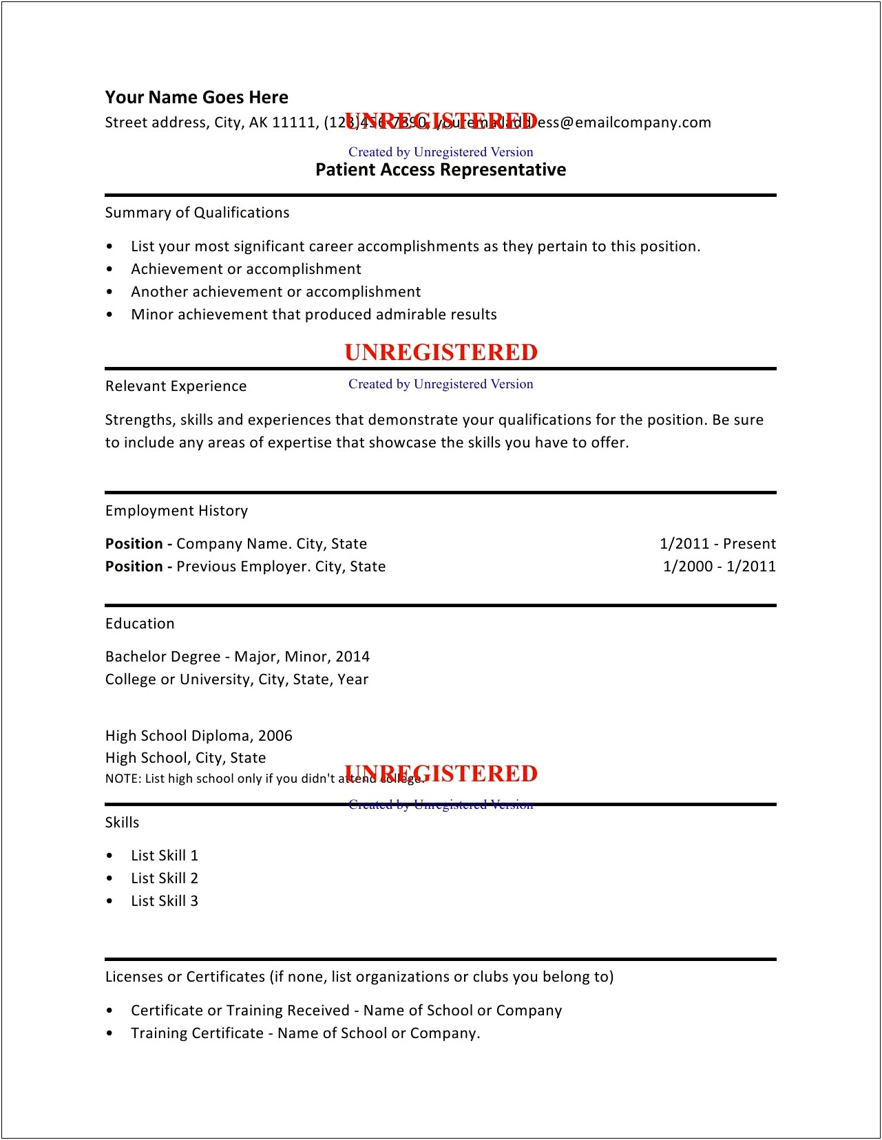 Patient Access Representative Resume Objective