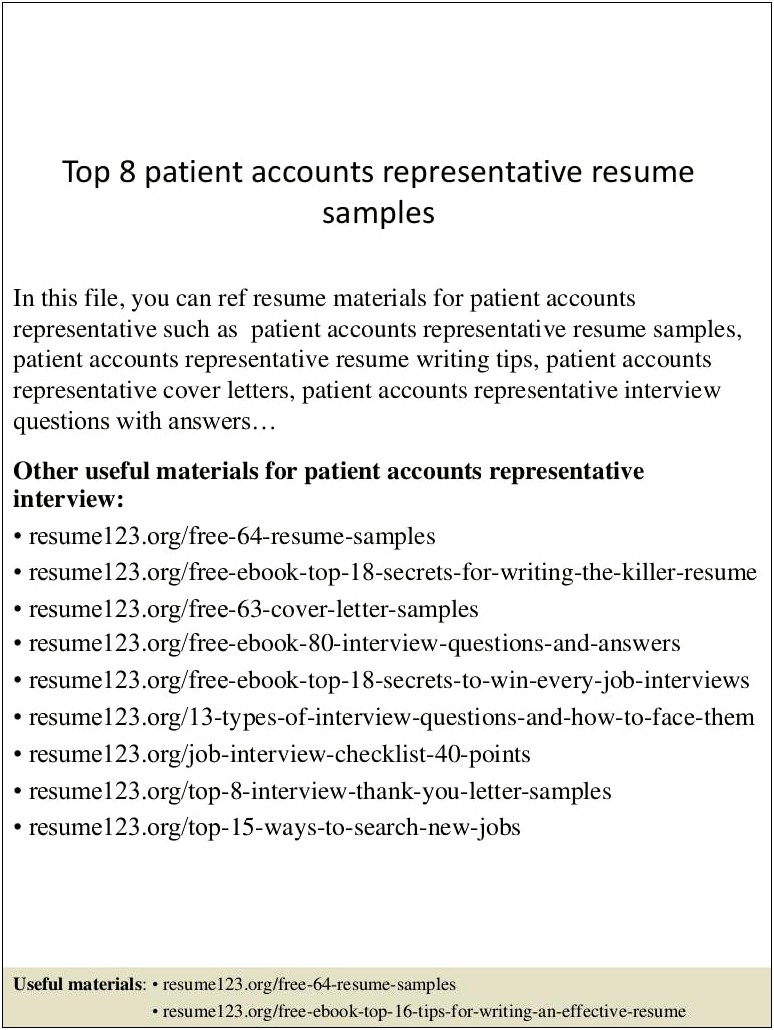 Patient Account Representative Resume Sample