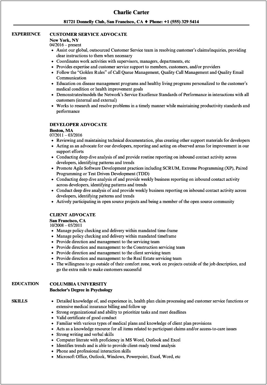Patient Assistance Advocate Resume Examples
