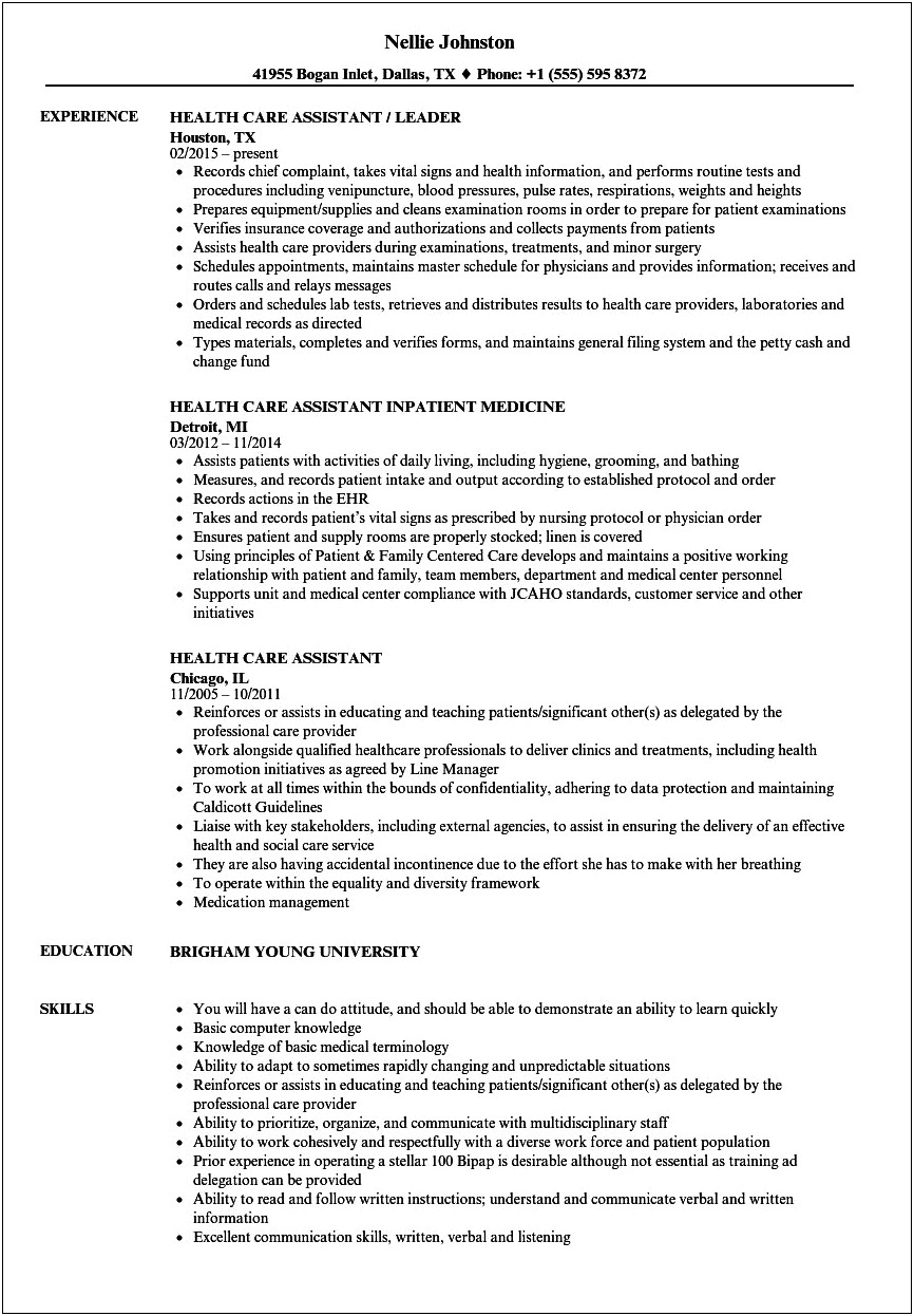 Patient Care Assistant Resume Example