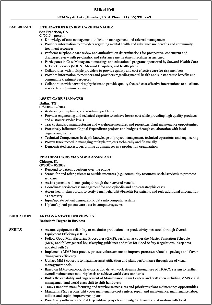 Patient Care Manager Resume Sample