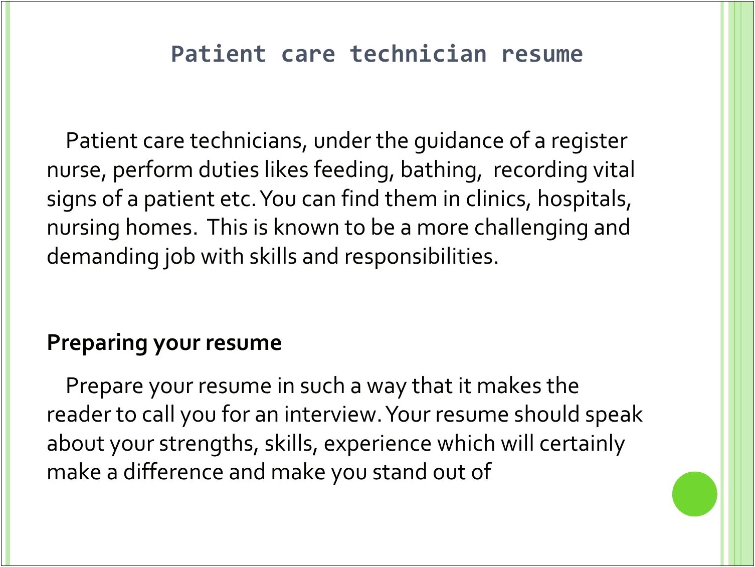 Patient Care Tech Job Description Resume