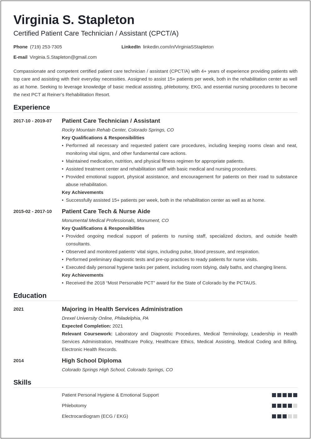 Patient Care Tech Skills On Resume