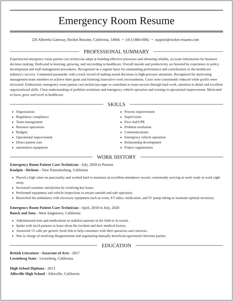 Patient Care Technician Example Resume