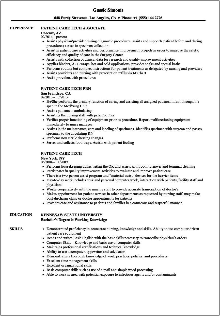 Patient Care Technician Resume Objective Sample