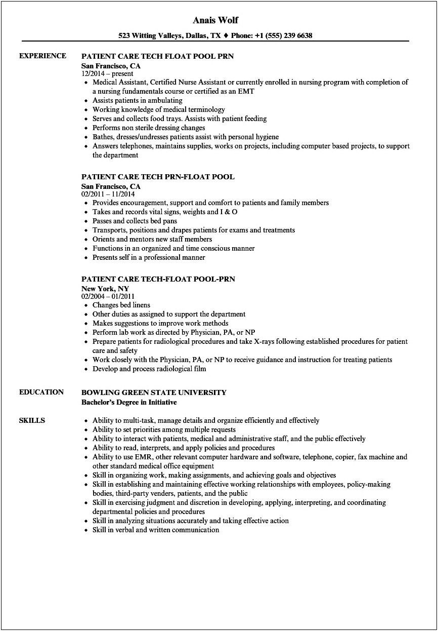 Patient Care Technician Summary For Resume