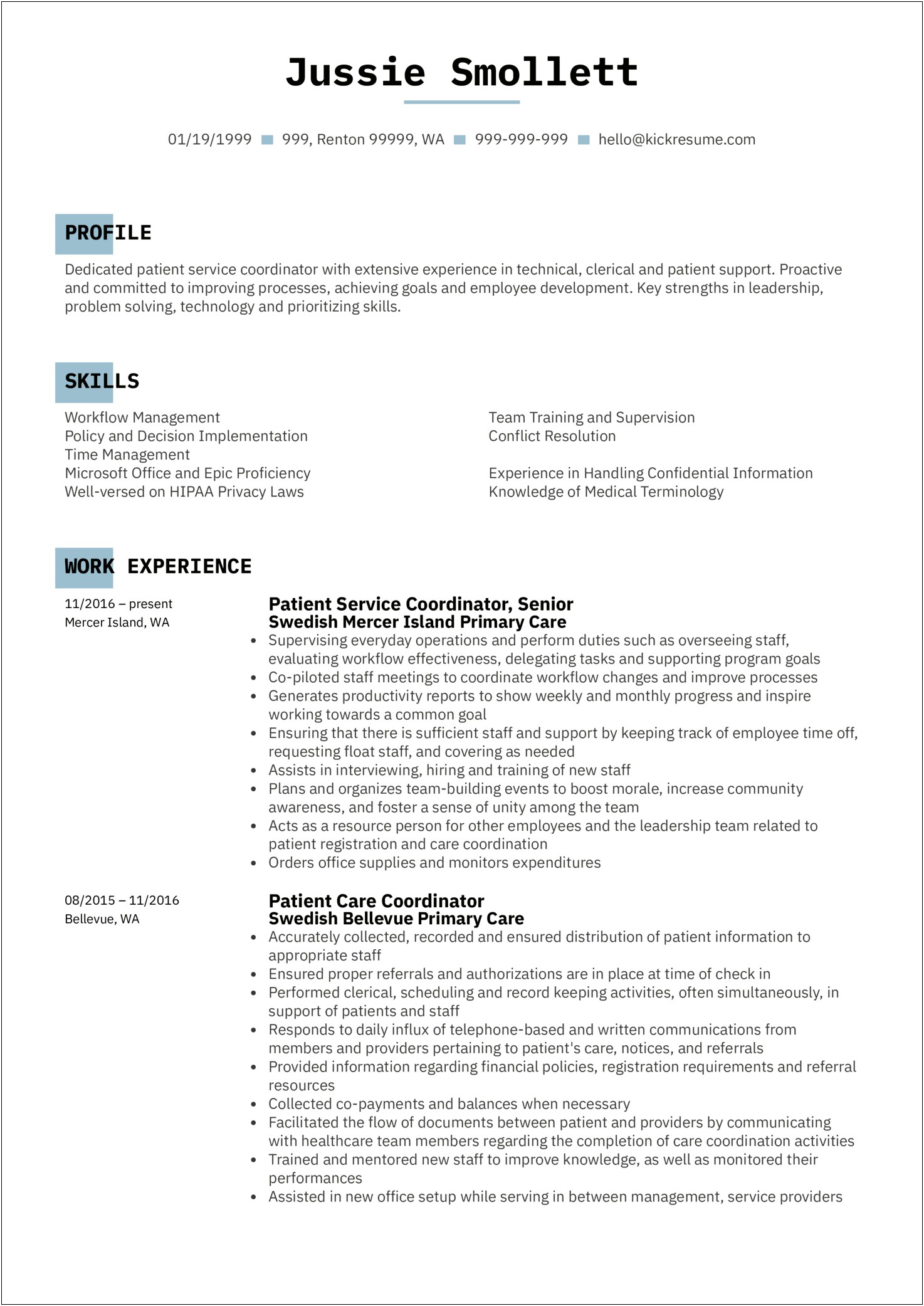 Patient Coordinator Job Description Resume