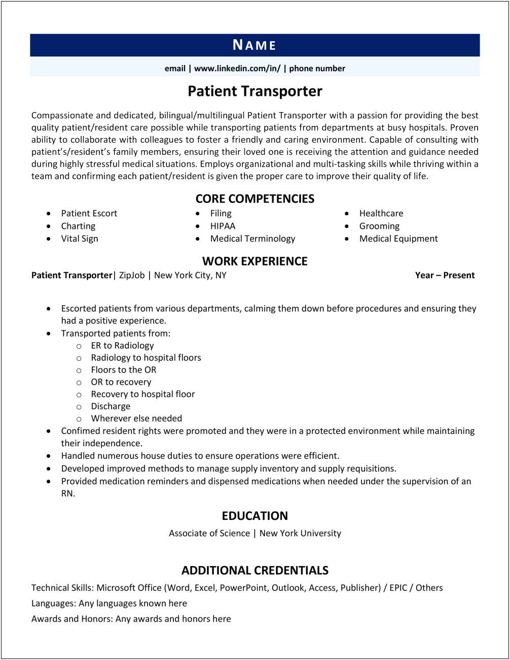 Patient Escort Objective For Resume