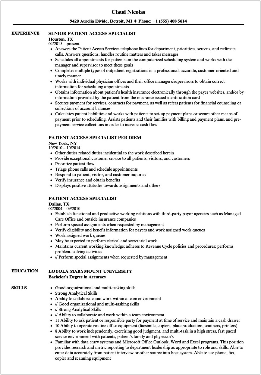 Patient Experience Specialist Resume E Herman Hospital