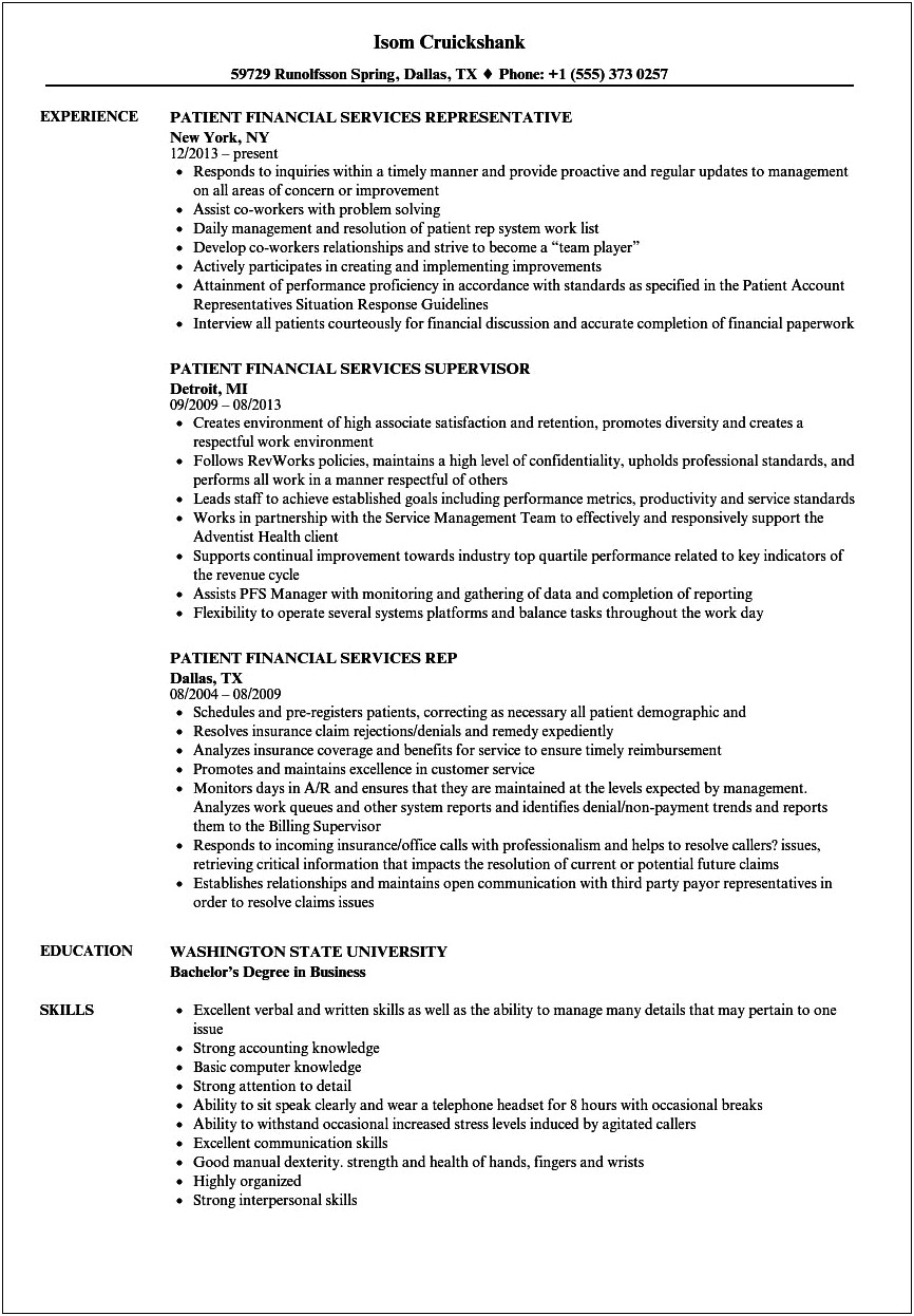 Patient Financial Counselor Resume Sample