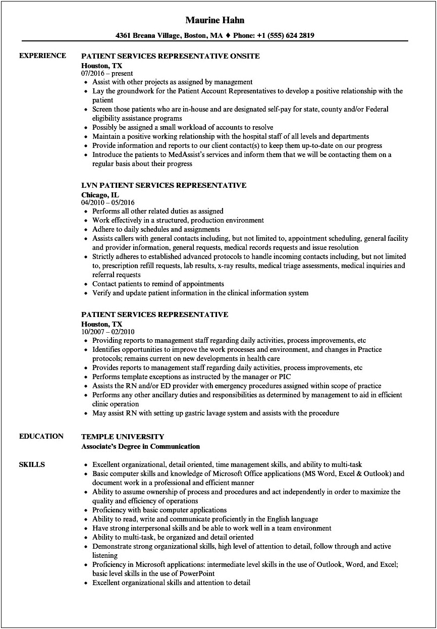 Patient Service Speacilist Job Description For Resume