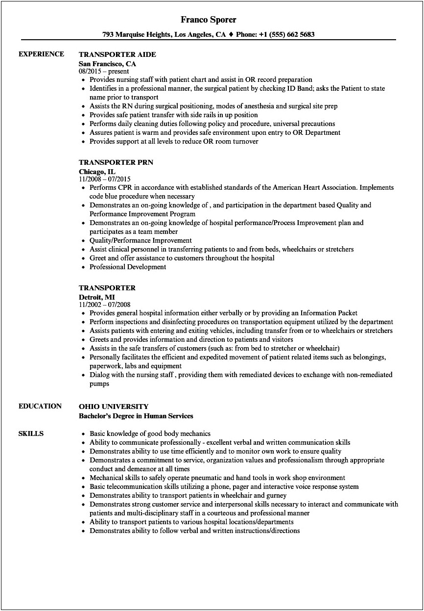 Patient Transporter Resume Job Description