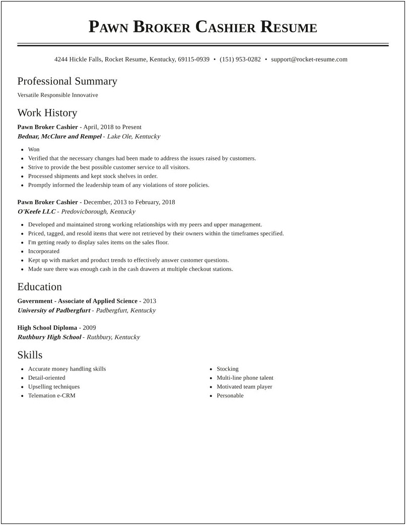Pawnbroker Job Description For Resume