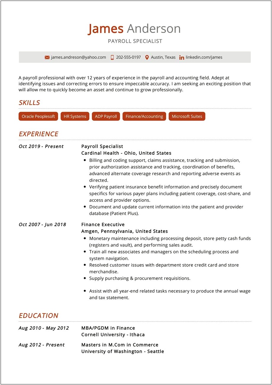 Payroll And Benefits Specialist Resume Sample