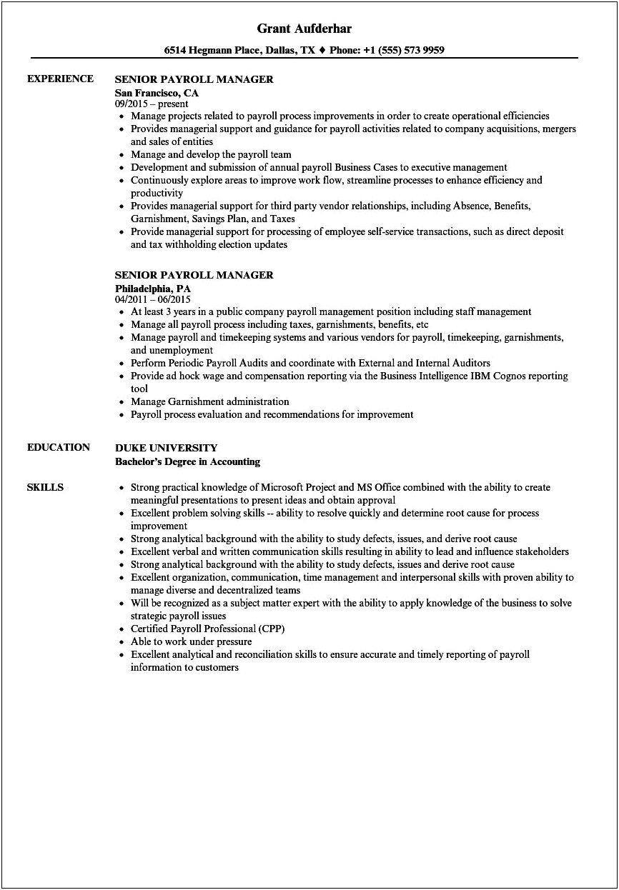 Payroll Specialist And Benefits Coordinator Resume Sample