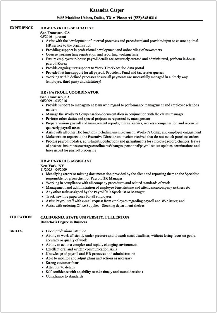 Payroll Specialist Job Description Resume