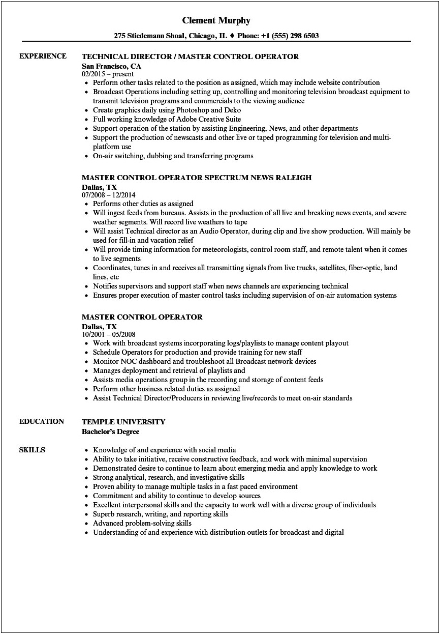 Pbx Operator Job Description Resume